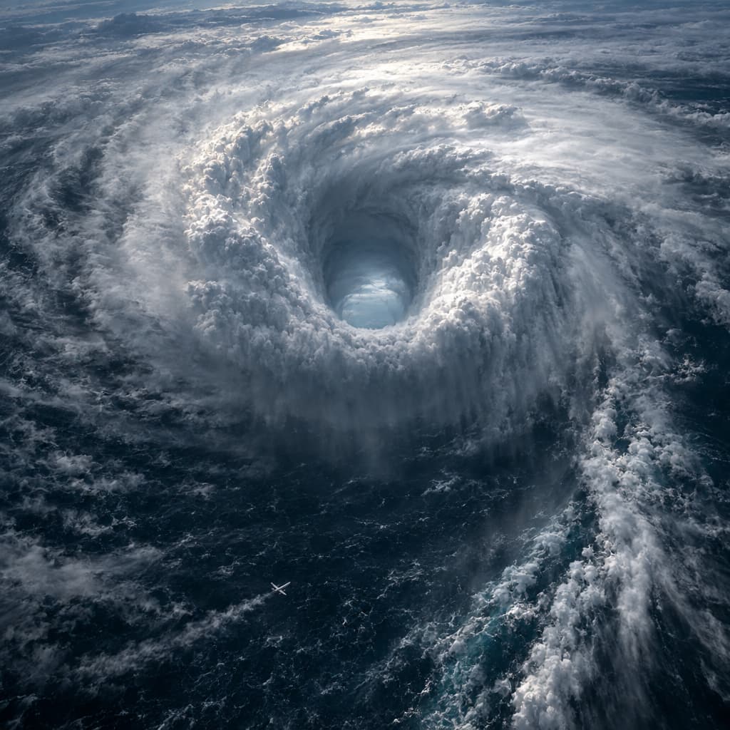 An immense tropical cyclone forms a deep, vertically aligned eye above a dark ocean while a tiny unmarked research aircraft crosses the ragged outer circulation at an oblique angle.