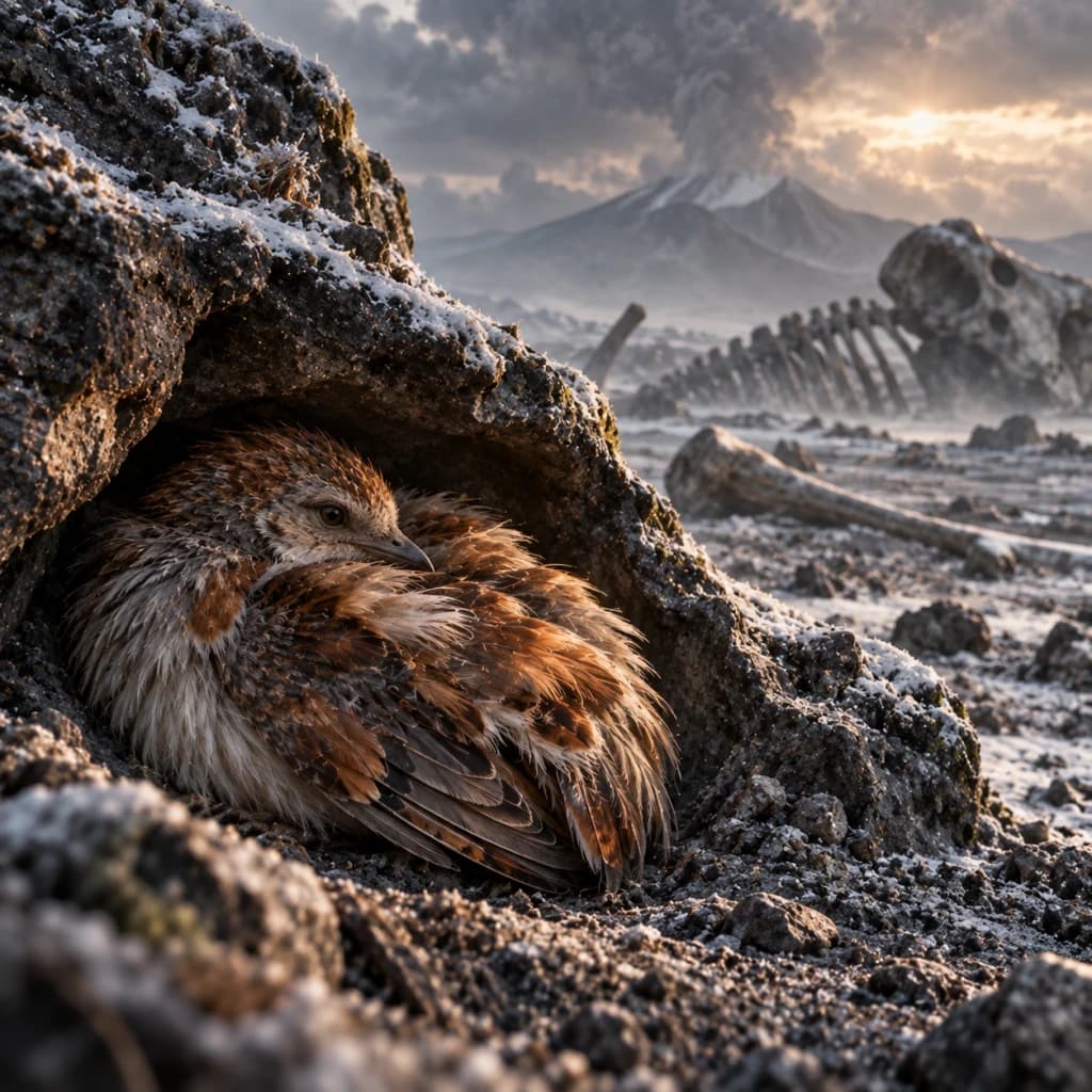 A small feathered bird shelters inside a frost-lined volcanic crevice while immense fossil bones lie scattered across a cold ash-covered landscape.