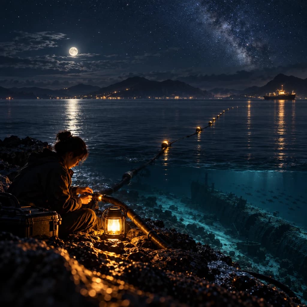 A woman repairs a thick cable by lantern light on a rocky shore while the line extends across dark water above a submerged wreck.