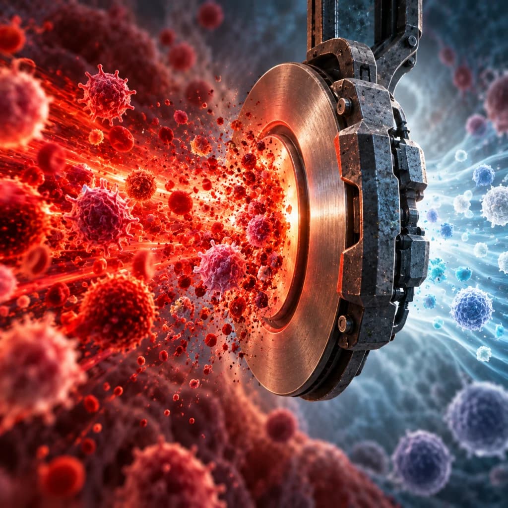 A torrent of glowing red inflammatory cells collides with a massive mechanical brake disc, beyond which pale blue tissue returns to calm.