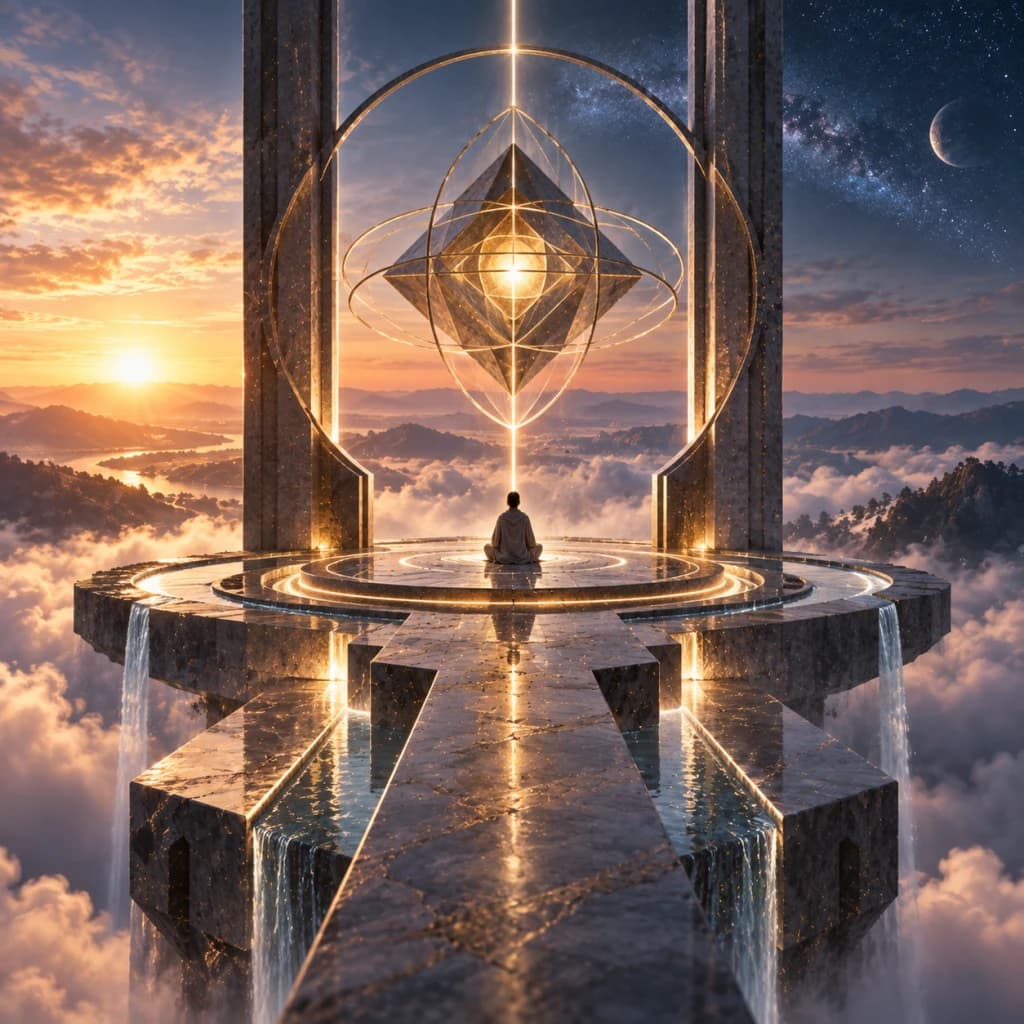 A solitary robed figure sits before a monumental celestial observatory above the clouds, centered on a suspended crystalline form and luminous rings beneath a star-filled sky.