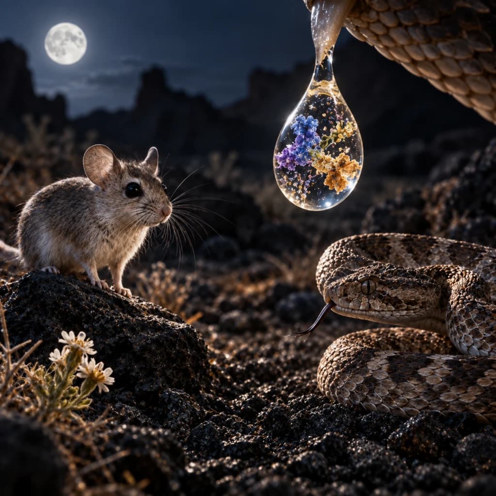 A small desert mammal faces a coiled venomous snake at night while a suspended venom droplet reveals intricate binding molecular forms within it.