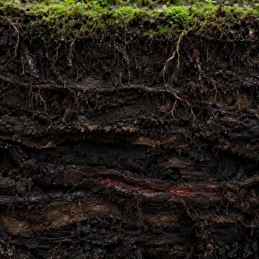 A rain-saturated peat cross-section shows green moss and seedlings at the cool surface while a dull red ember persists deep inside black soil and buried roots.
