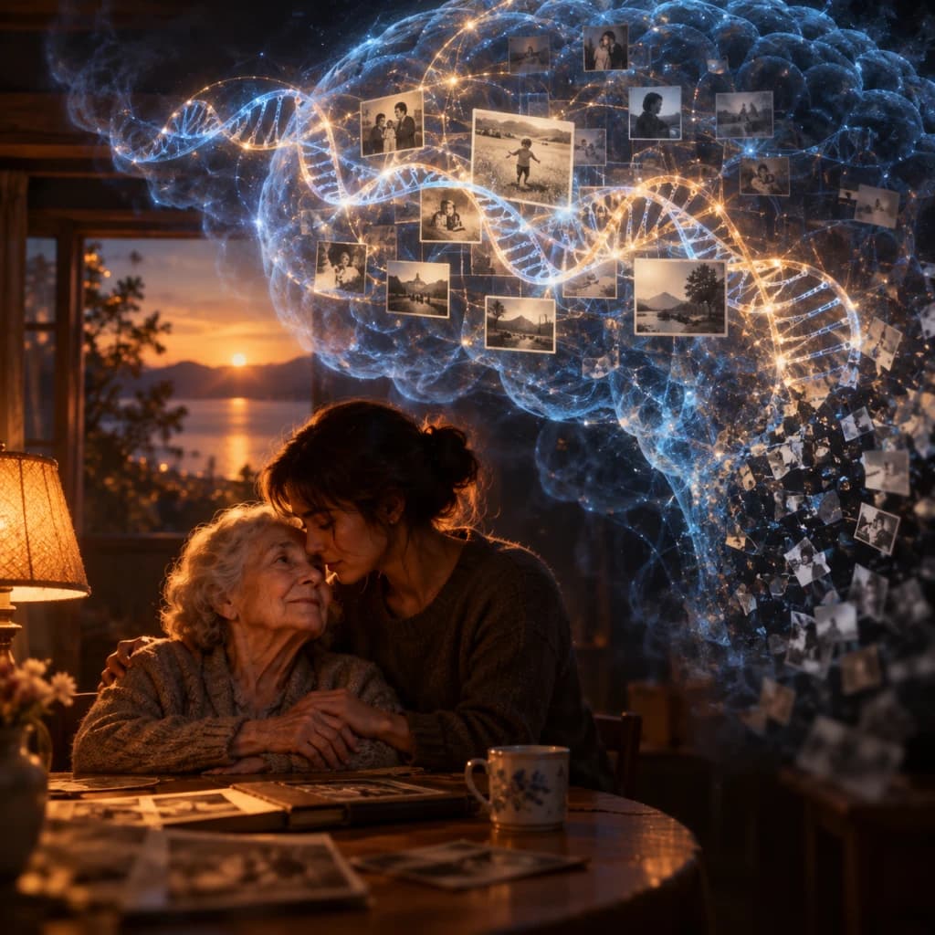 An elderly woman and a younger woman hold one another at a table as a luminous DNA-and-neural structure filled with family photographs unspools above them.