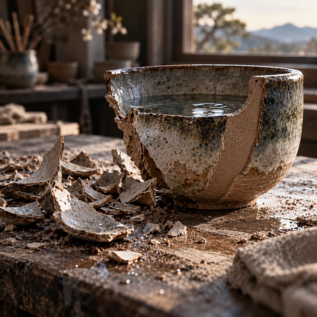 A handmade ceramic bowl remains standing and holding water on its thick irregular side while its thinner optimized side has shattered across a pottery workbench.
