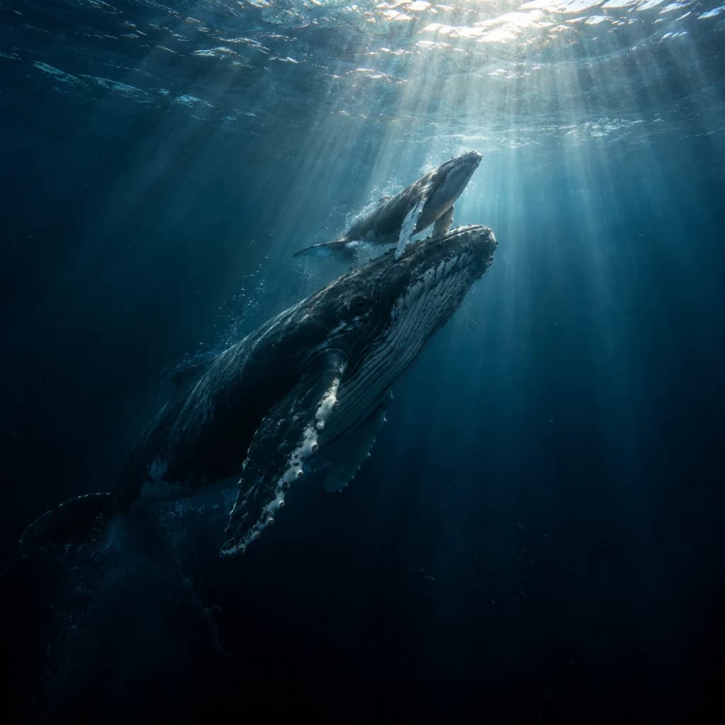 A weathered humpback whale rises through deep blue water with a smaller calf held close beside it beneath distant sunlight at the surface.