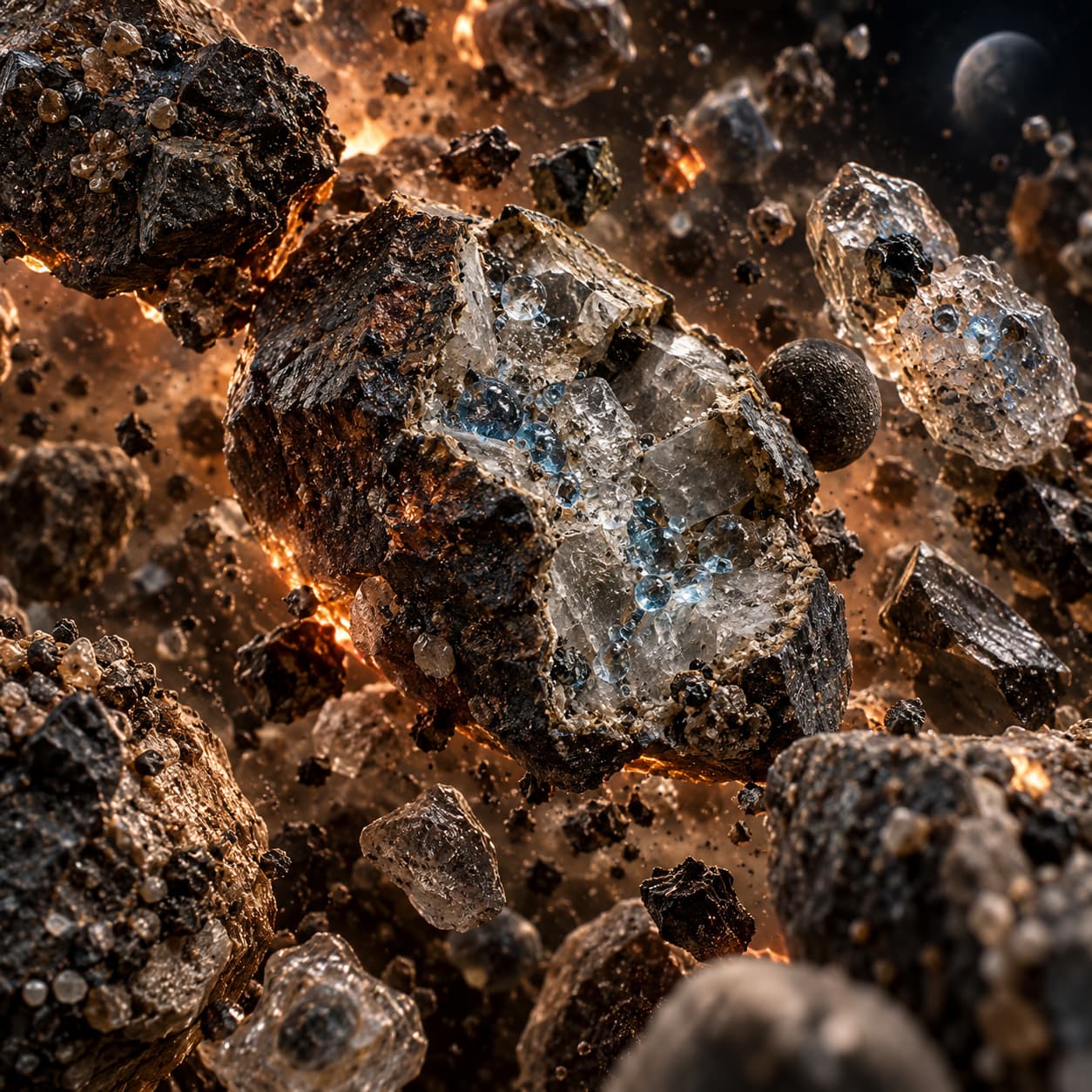 Hyper-real crystalline primordial asteroid dust containing minute traces of water bound within fractured mineral structures.